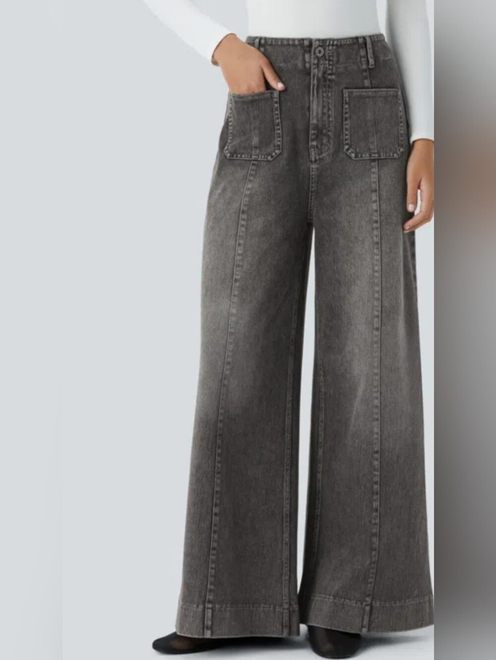 Halara High-Rise Wide Leg Jeans Black Center Seam Front Patch Pocket Stretch L.